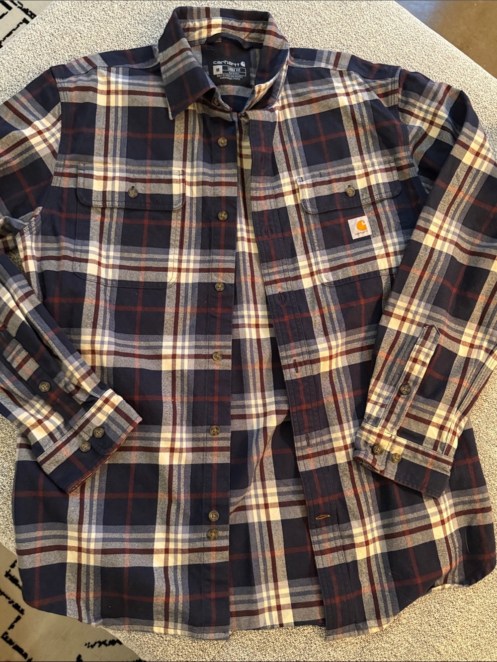 Carhartt Navy and Cream Plaid Long-Sleeve Button-Up Shirt